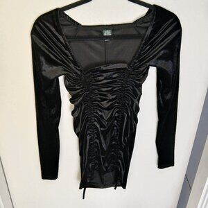 Black Velvet Ruched Front Long Sleeve Stretch Bodycon Mini Dress Sz XS